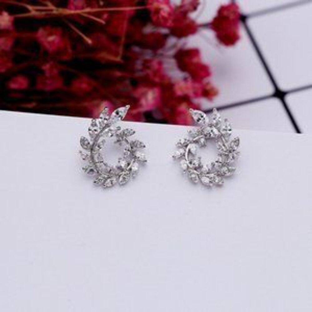 925 Sterling Silver Diamond Leaf Branch Earrings